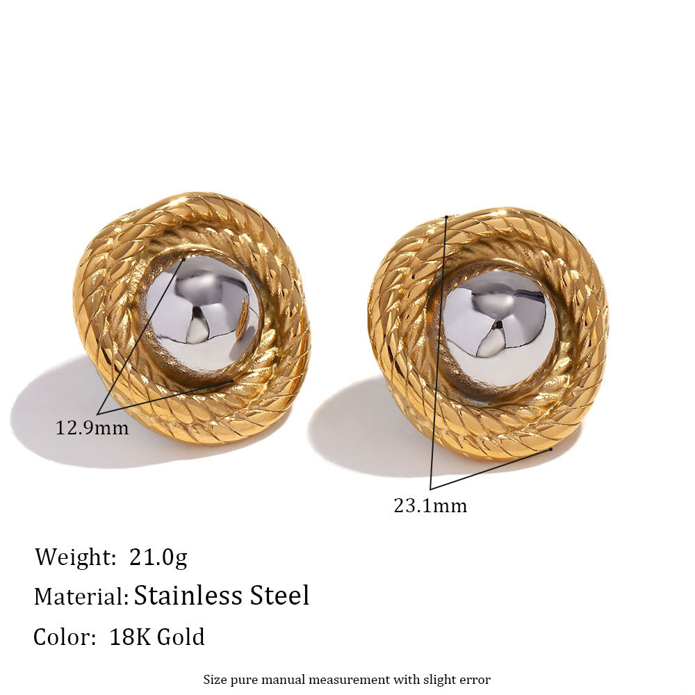 Twisted Pattern Button Gold Earrings- 18K