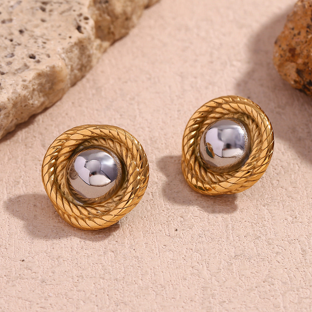 Twisted Pattern Button Gold Earrings- 18K