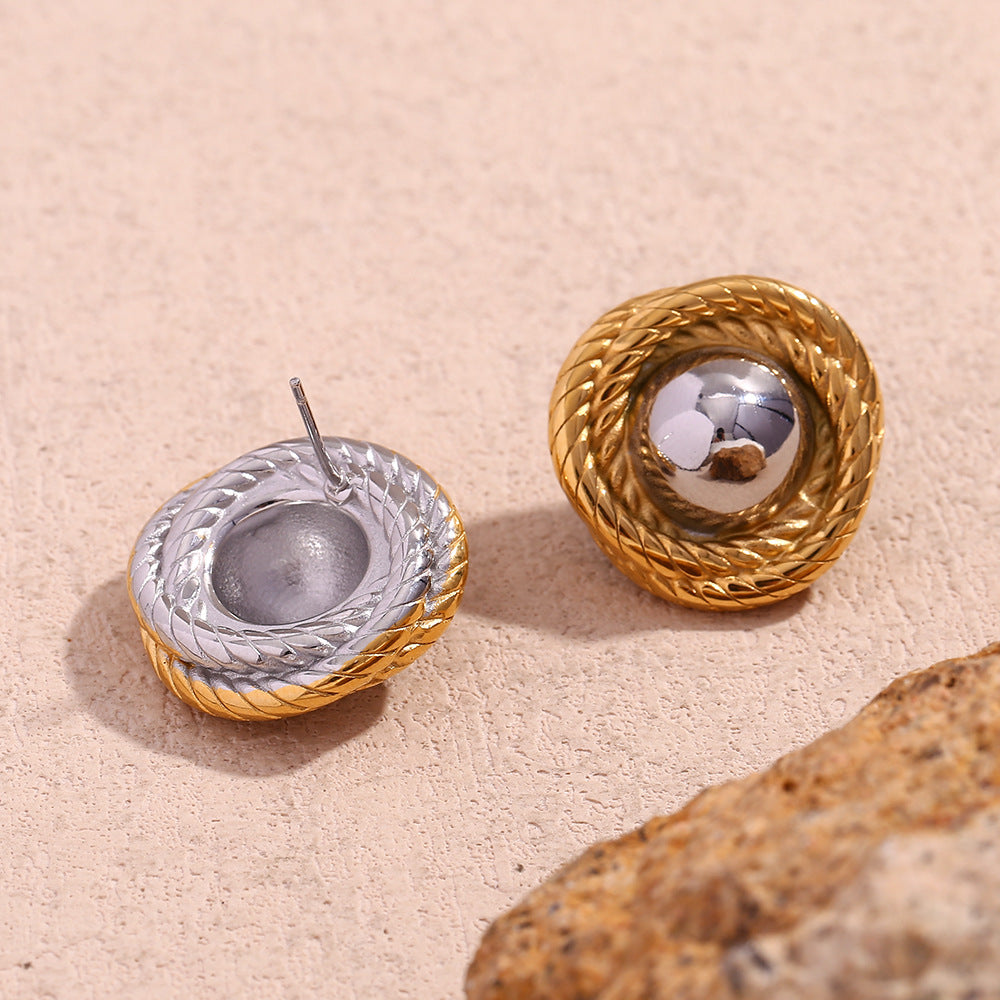 Twisted Pattern Button Gold Earrings- 18K