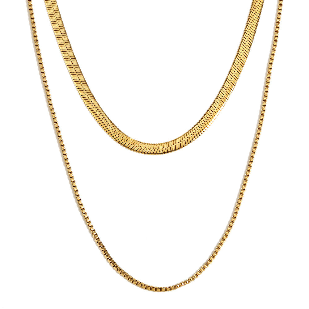 Double Layer Flat Snake Chain Necklace- 18K