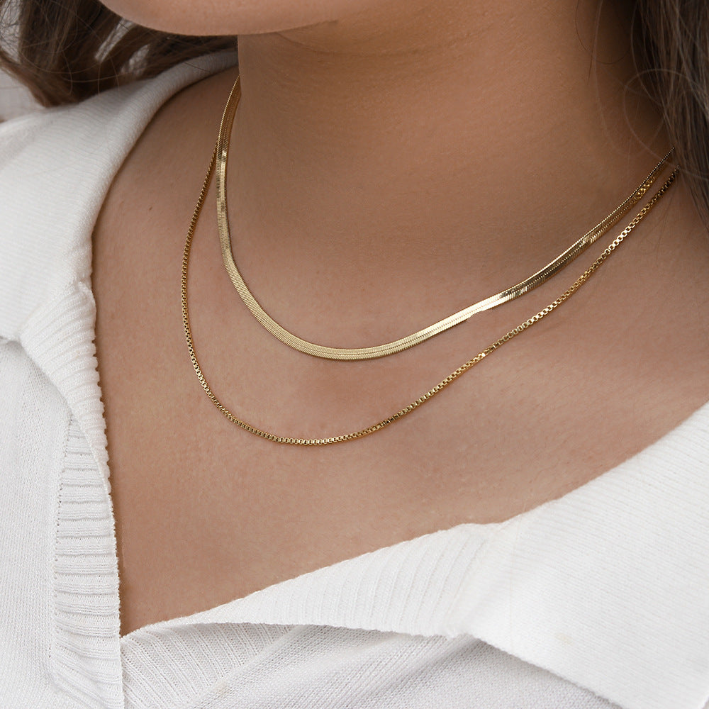 Double Layer Flat Snake Chain Necklace- 18K