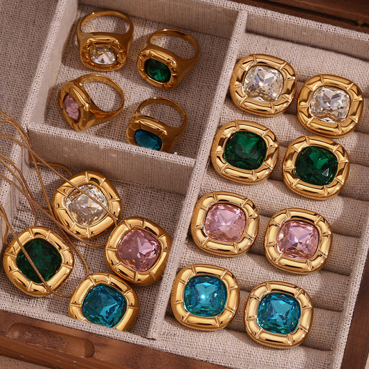 18K Gold Plated Square Zirconium Necklace- Earrings- Ring