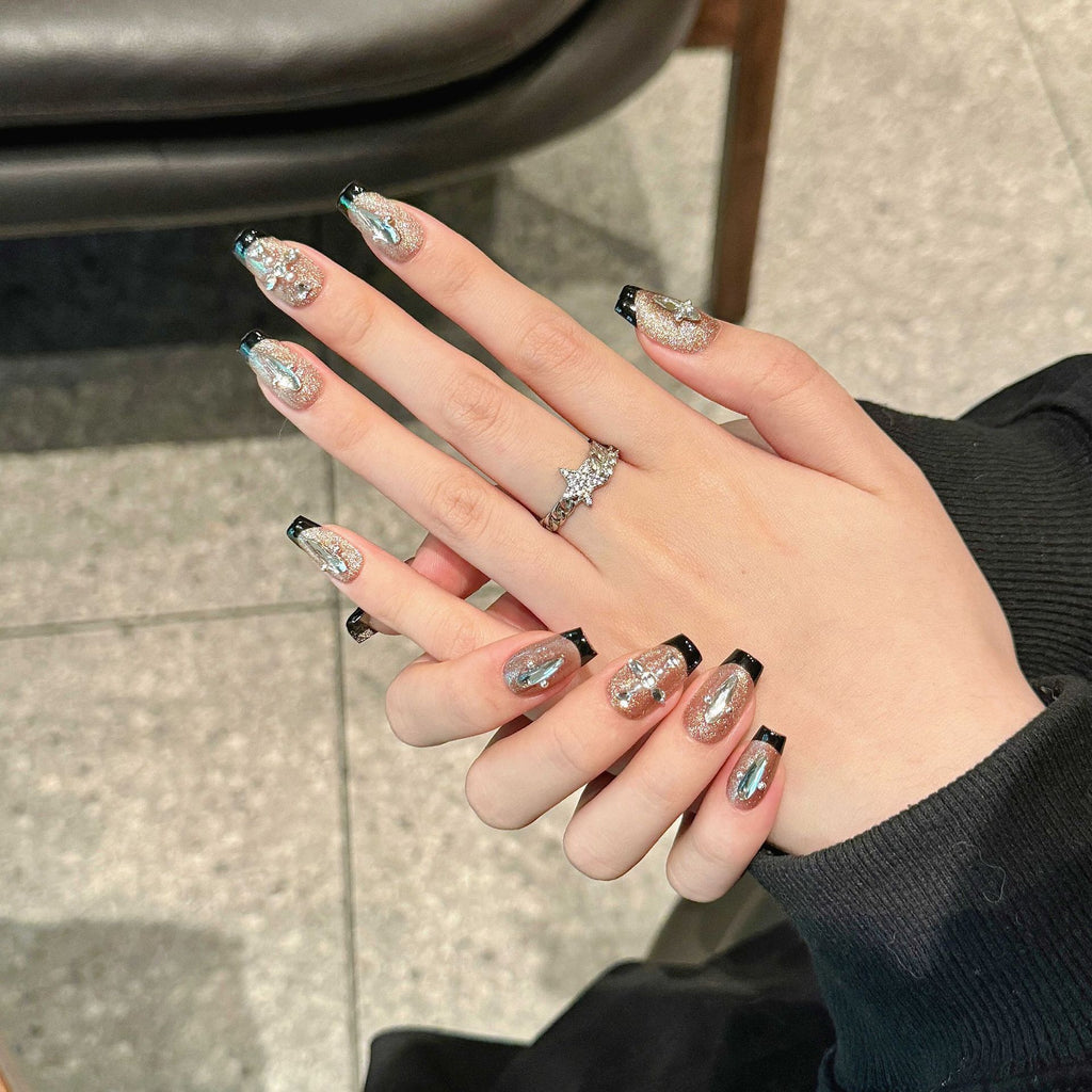 Purely Handmade Black Pearly French 10 PCs Nail Set- HM194