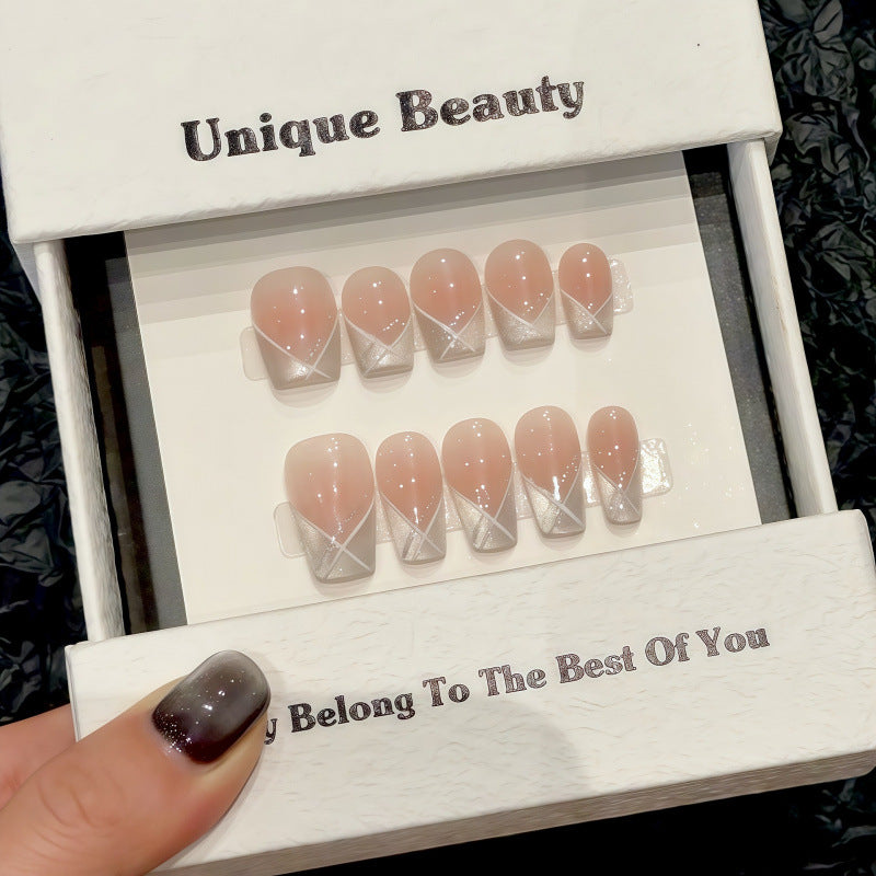 Purely Handmade Black Pearly French 10 PCs Nail Set- HM2814