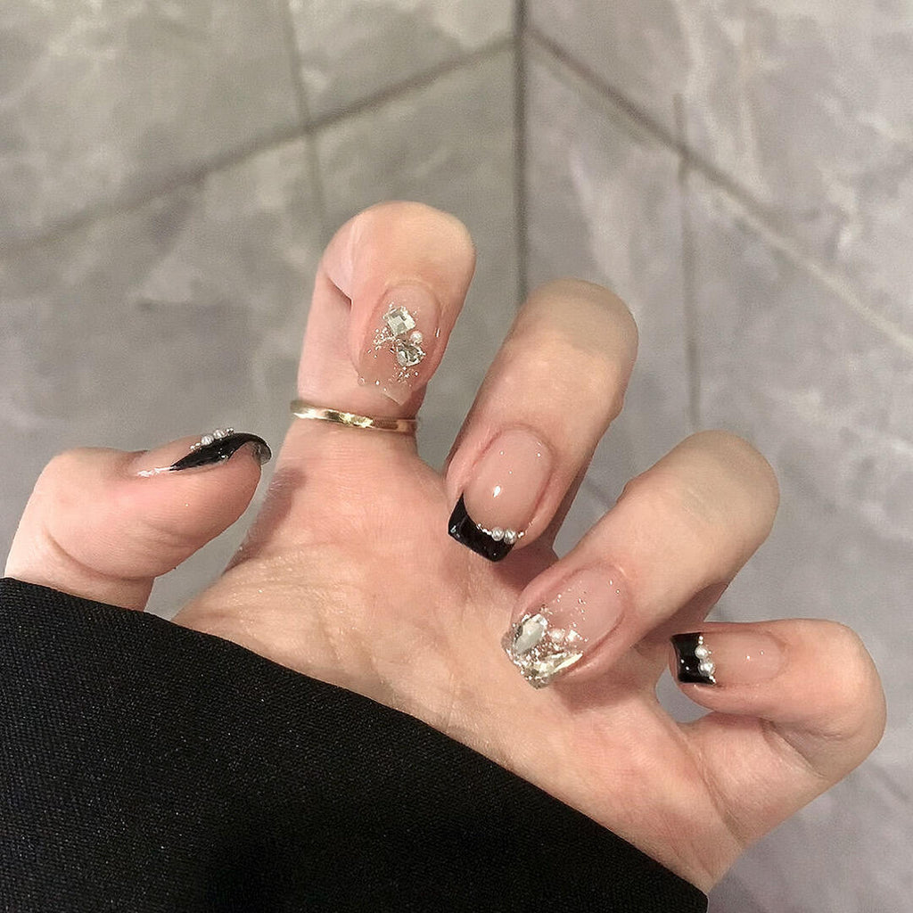 Handmade Black Pearly French 10 PCs Nail Set- HM16