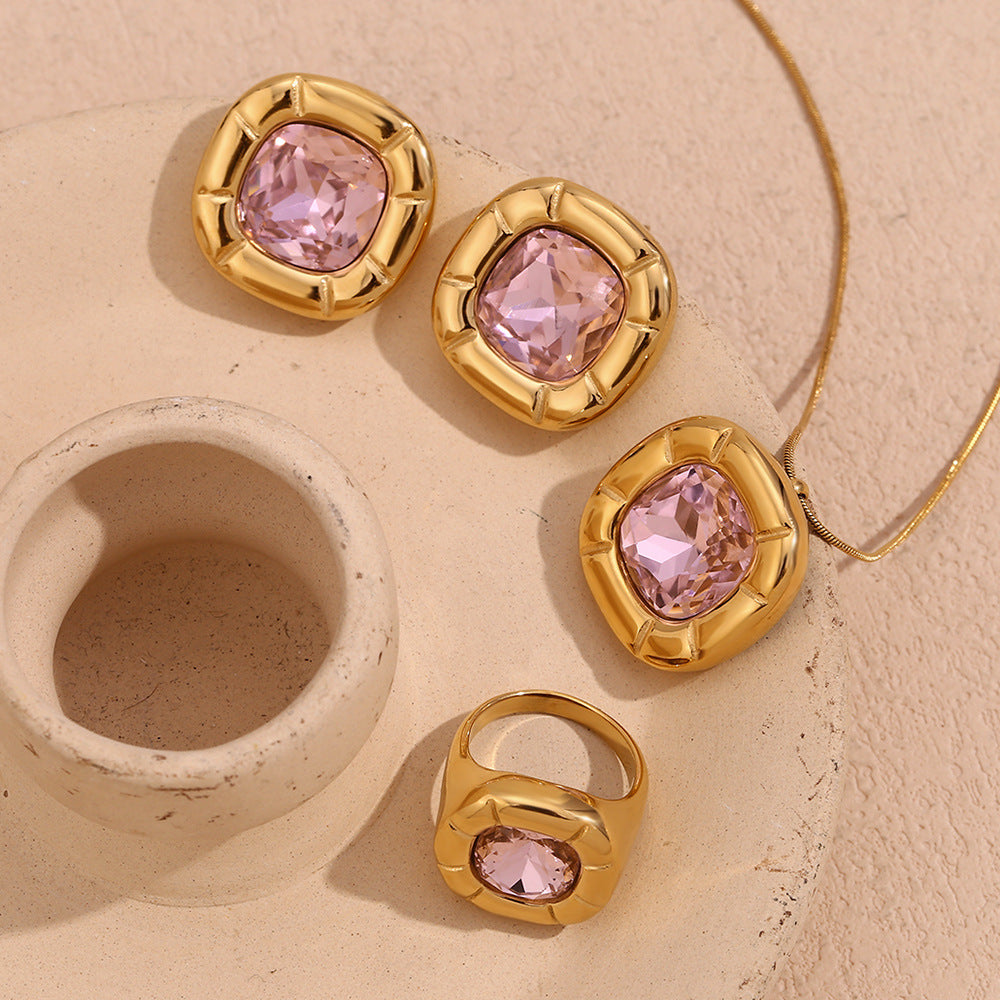 18K Gold Plated Square Zirconium Necklace- Earrings- Ring