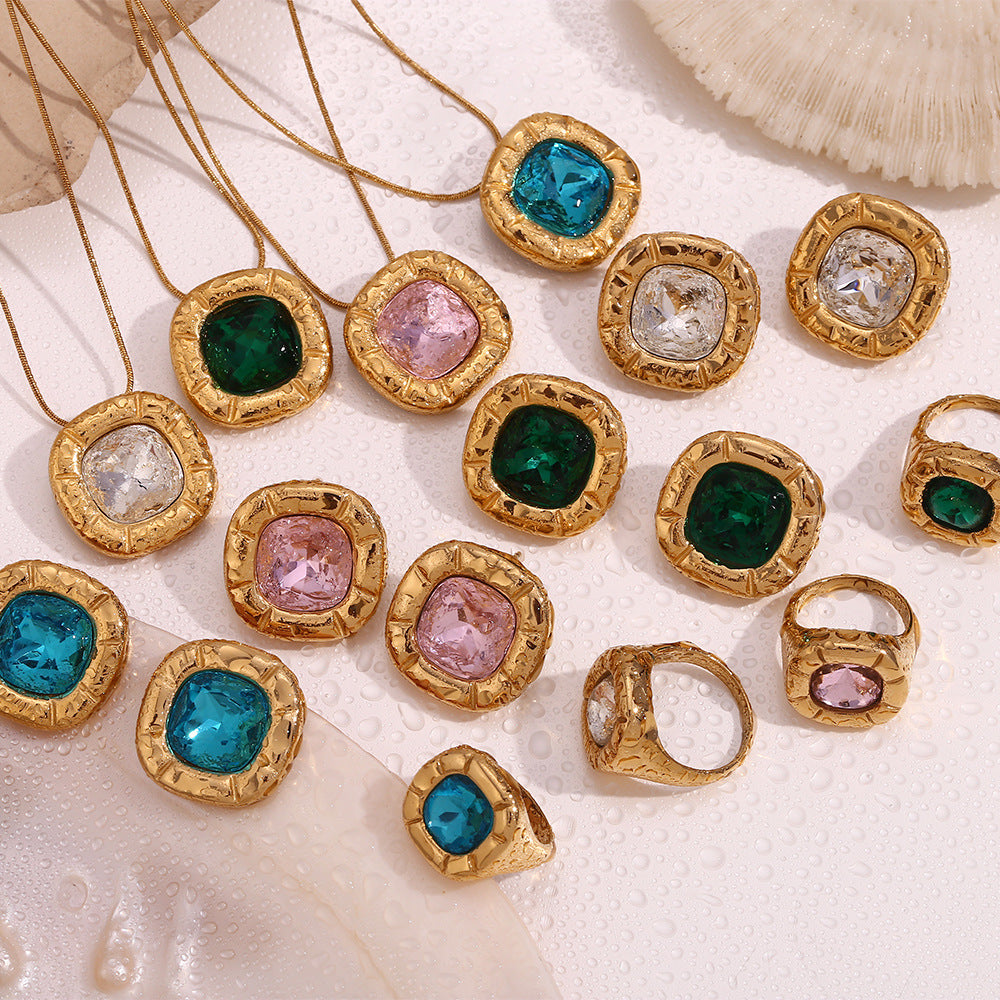 18K Gold Plated Square Zirconium Necklace- Earrings- Ring