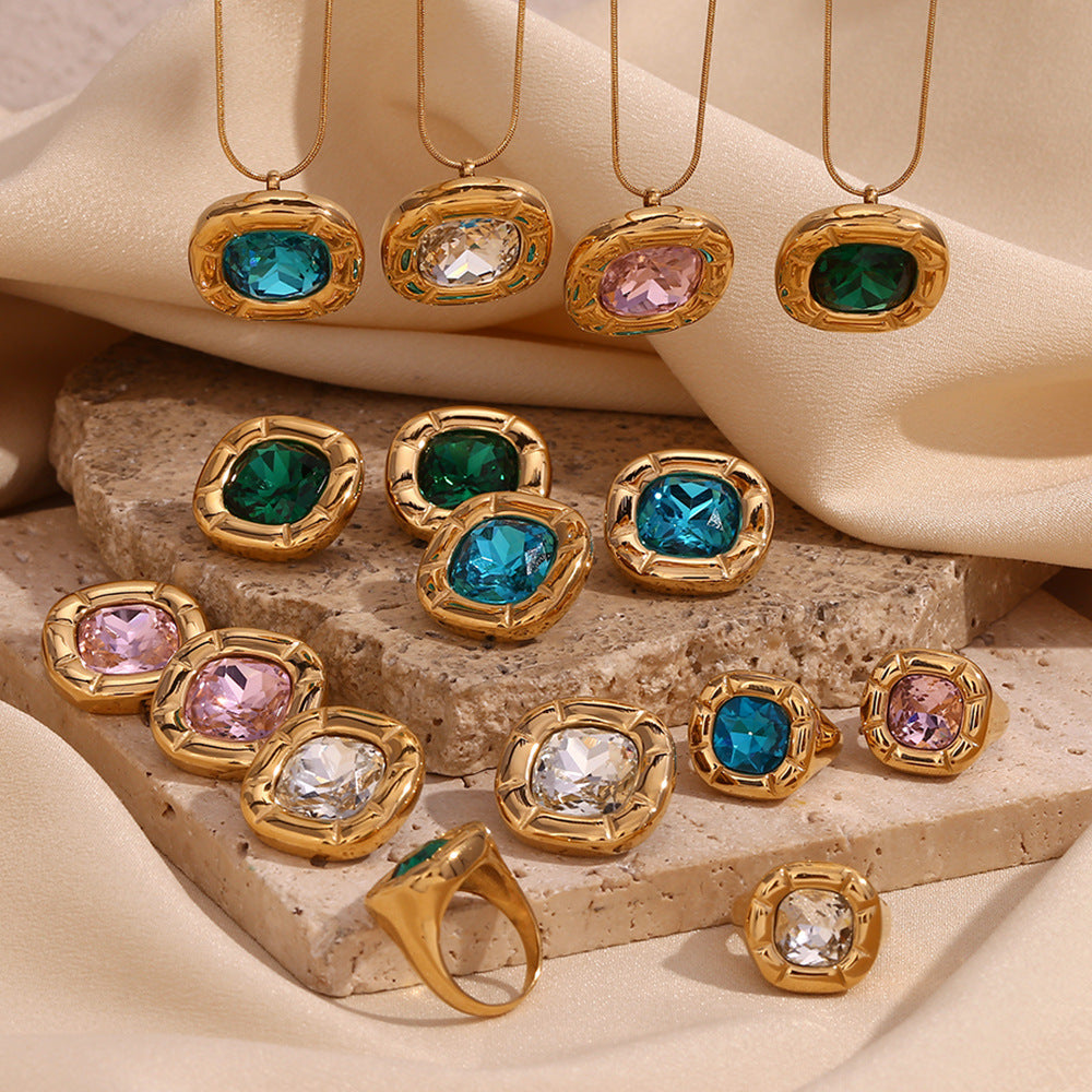 18K Gold Plated Square Zirconium Necklace- Earrings- Ring