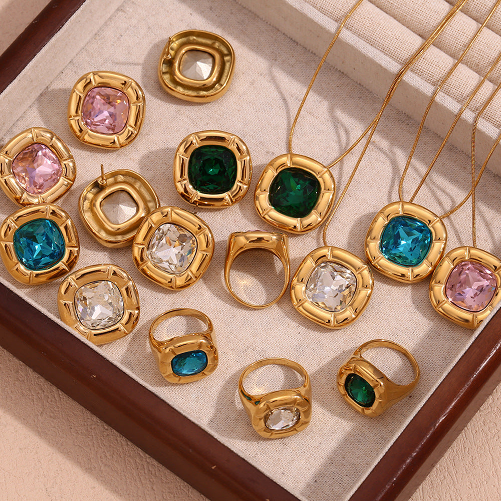 18K Gold Plated Square Zirconium Necklace- Earrings- Ring