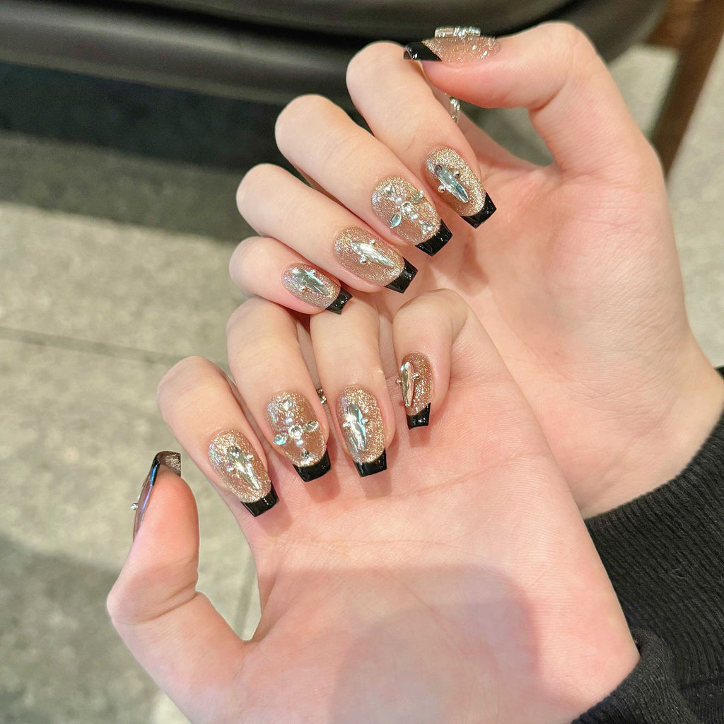 Purely Handmade Black Pearly French 10 PCs Nail Set- HM194