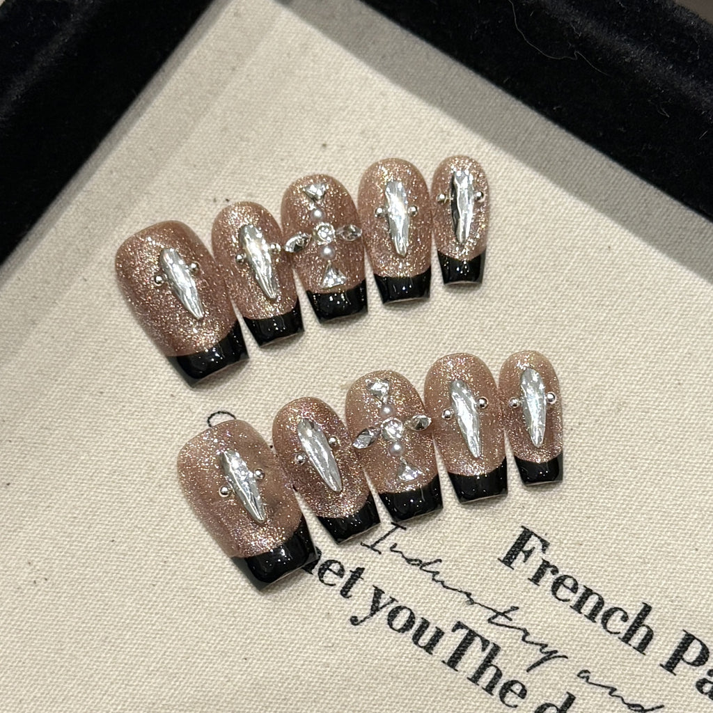 Purely Handmade Black Pearly French 10 PCs Nail Set- HM194