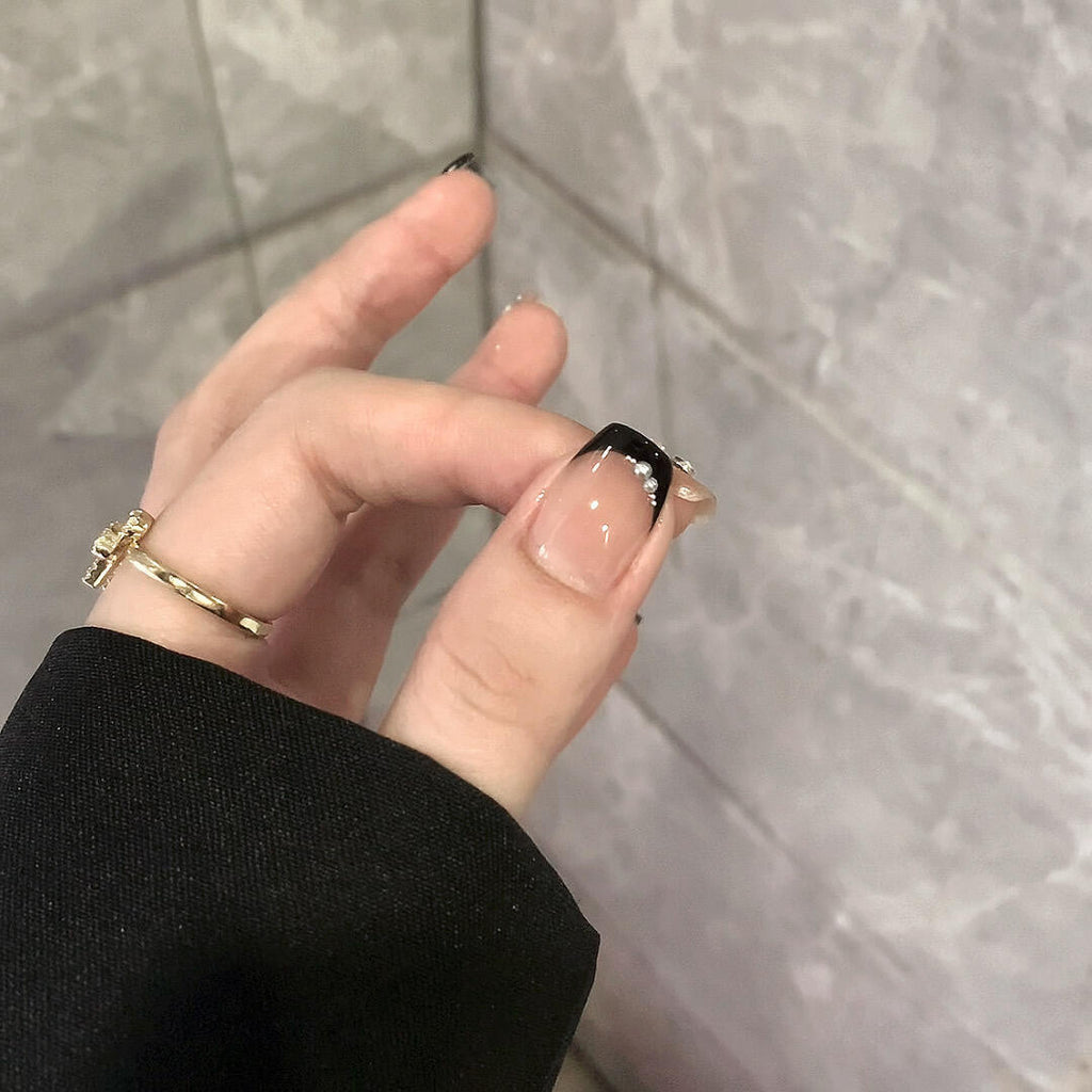 Handmade Black Pearly French 10 PCs Nail Set- HM16