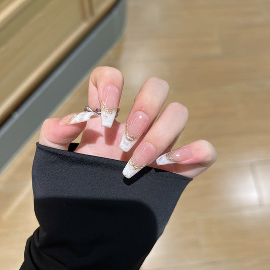 Purely Handmade Gold Embossed French 10 PCs Nail Set- HM003