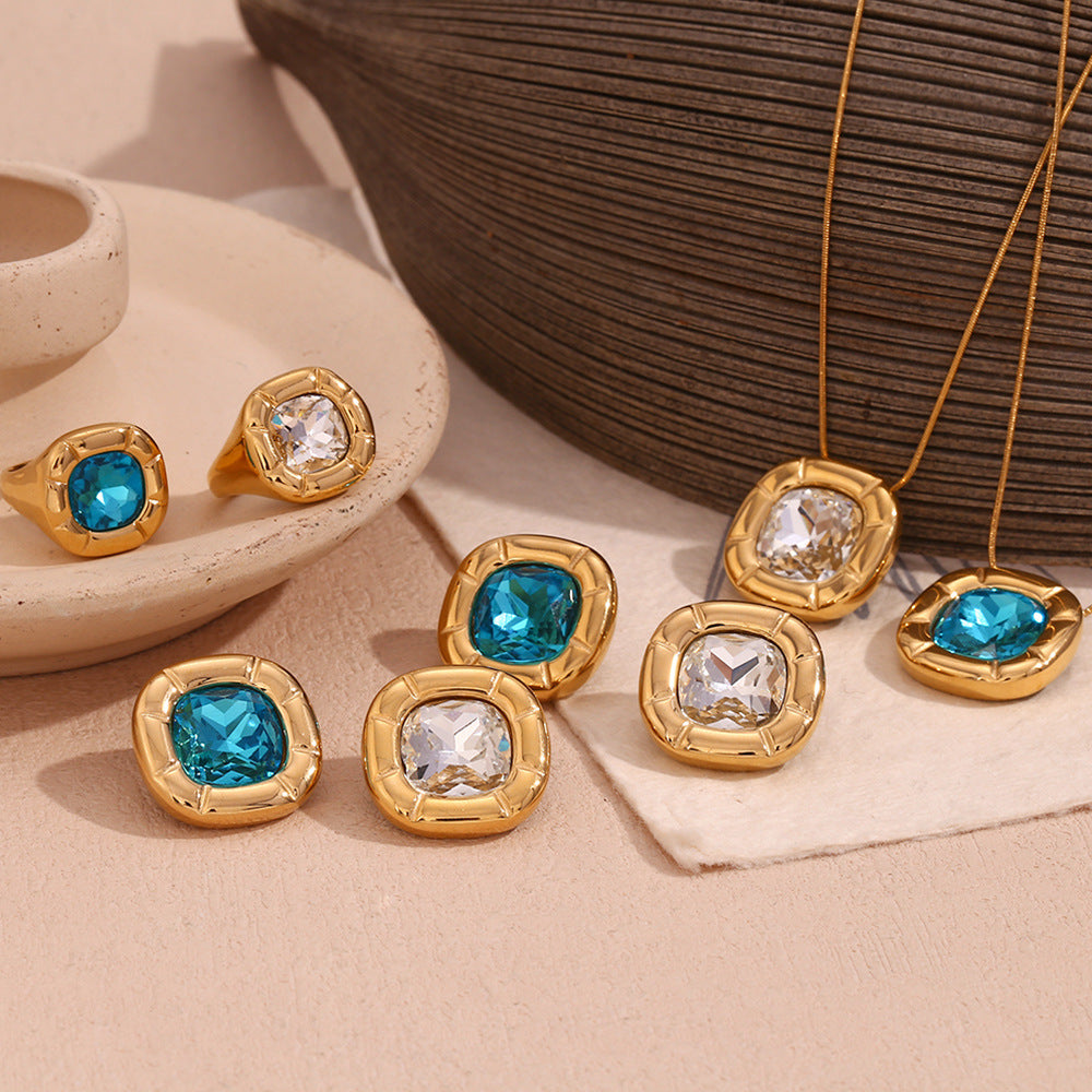 18K Gold Plated Square Zirconium Necklace- Earrings- Ring
