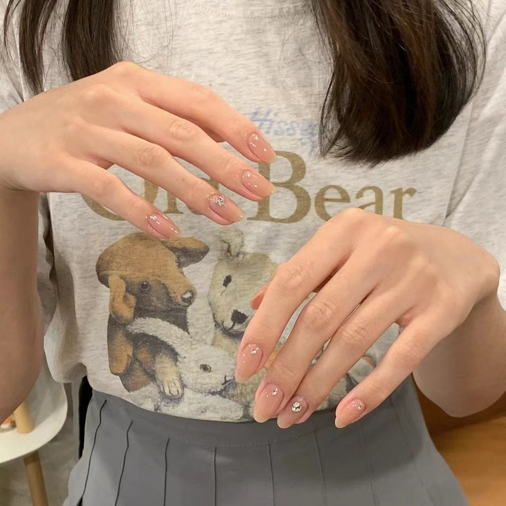 Handmade Nude Stacked Rhinestones 10 PCs Nail Set- HM15