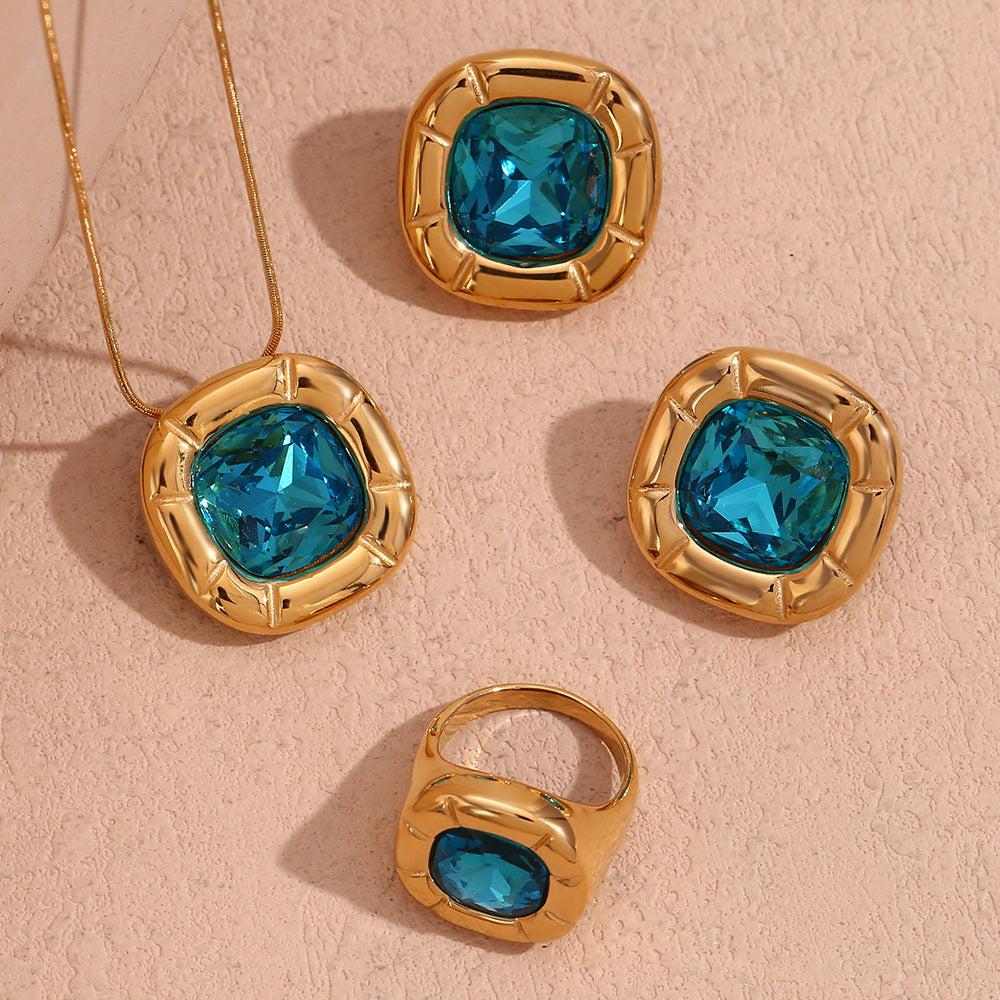 18K Gold Plated Square Zirconium Necklace- Earrings- Ring