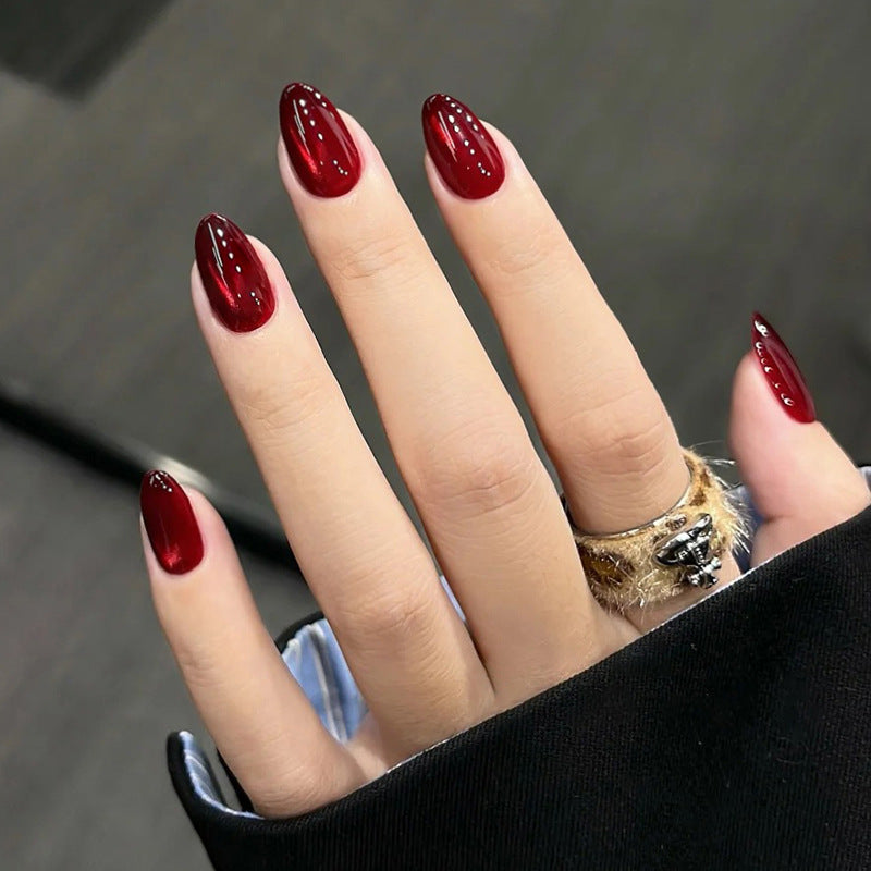 W2158- Short almond Red Cat eye Press on Nails