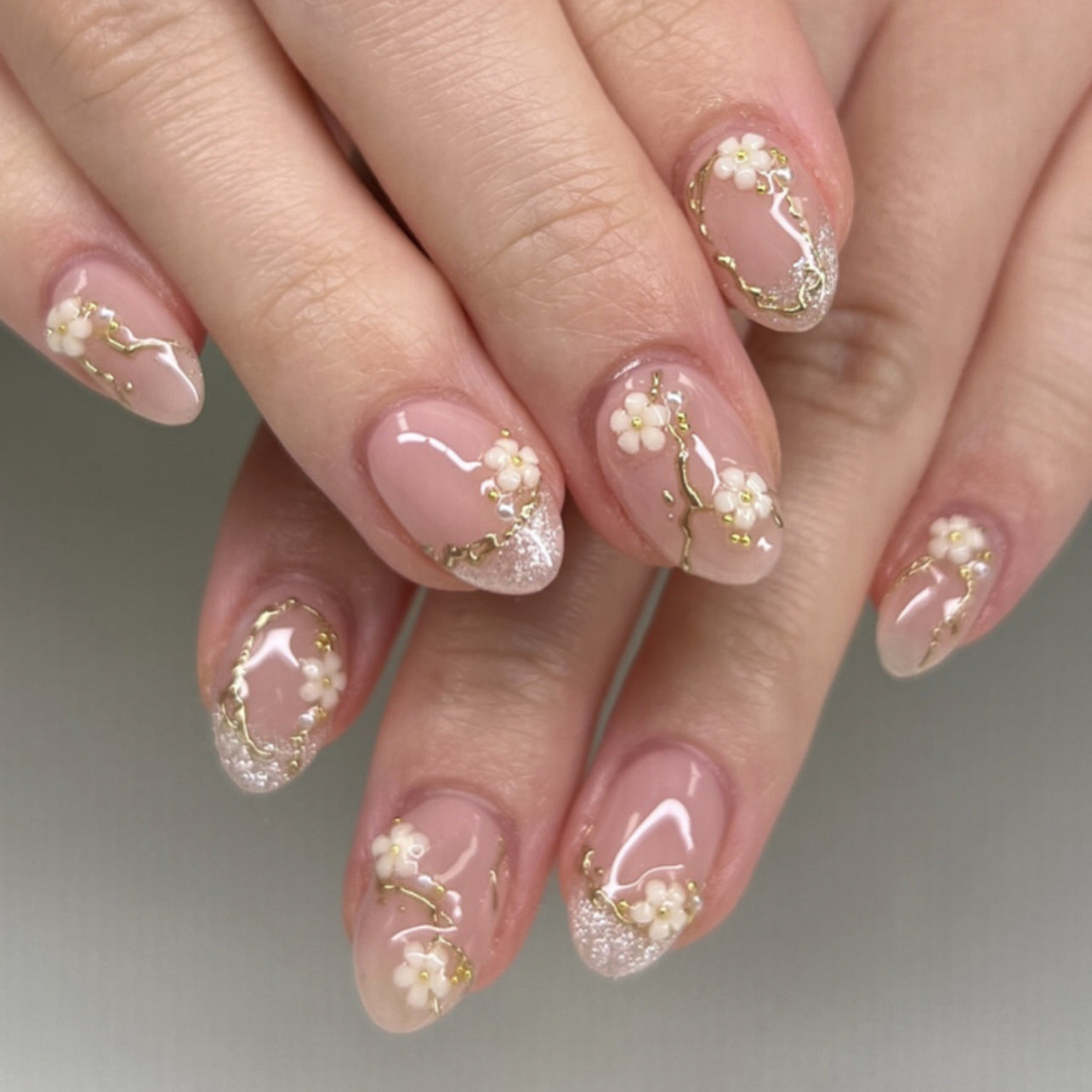 JP4095- 3D Floral art Short Round Nails