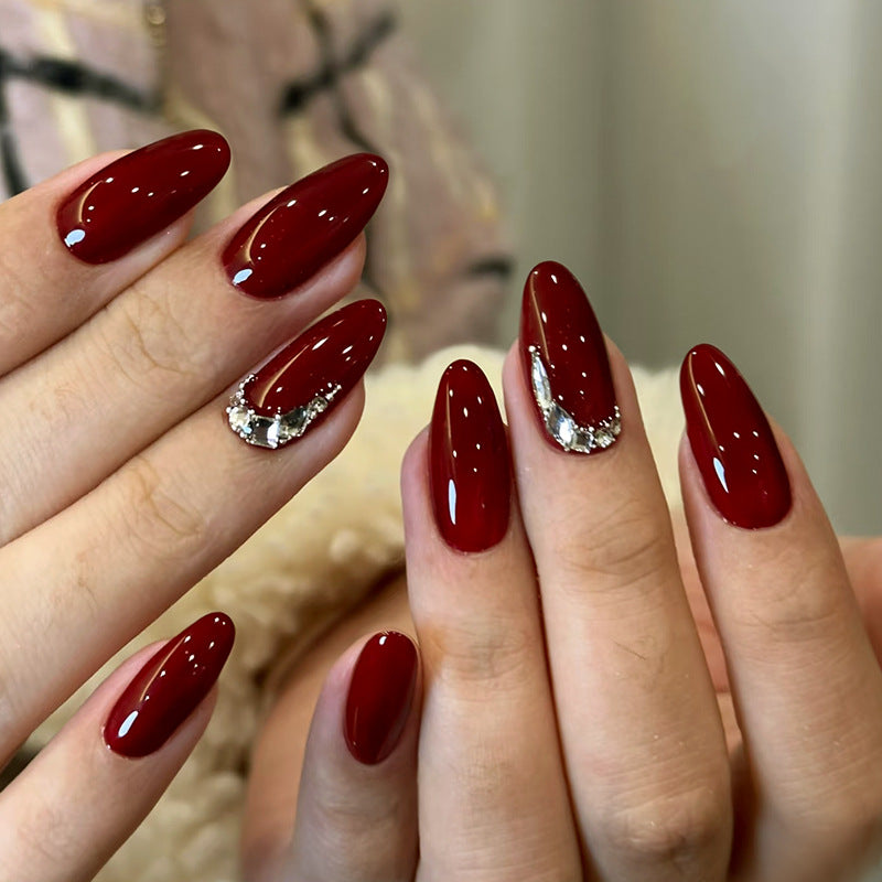 Z1175- Embellished Cherry Red Almond Nails