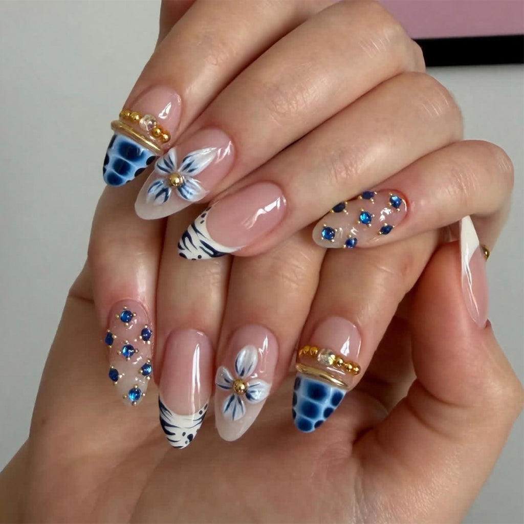 JP4471- Blue Bloom Rhinestone Almond Press on Nails