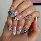 JP4471- Blue Bloom Rhinestone Almond Press on Nails