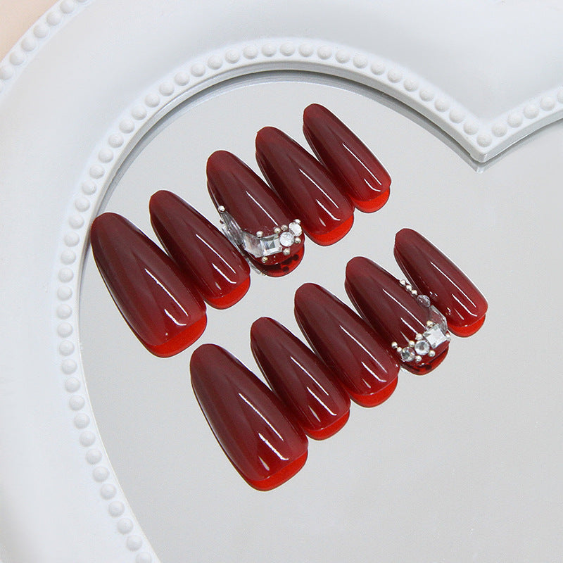 Z1175- Embellished Cherry Red Almond Nails