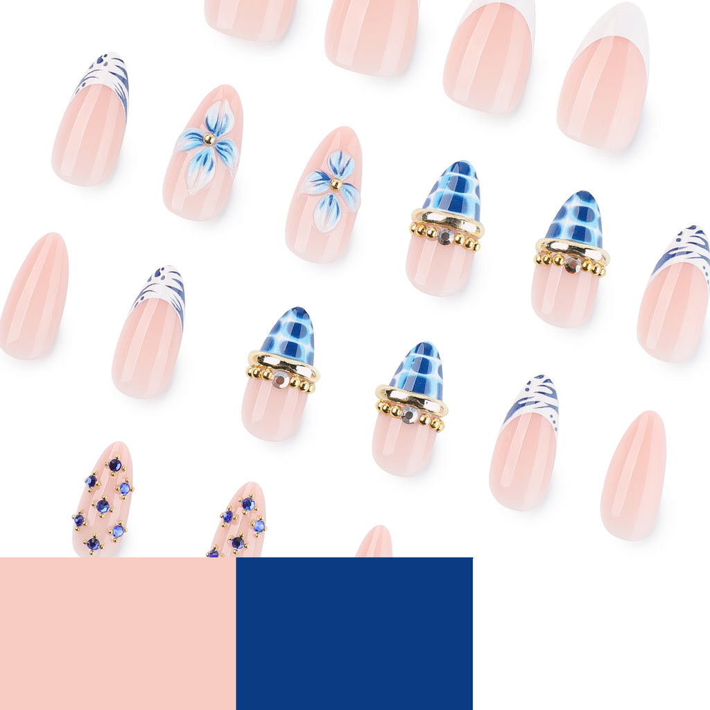 JP4471- Blue Bloom Rhinestone Almond Press on Nails