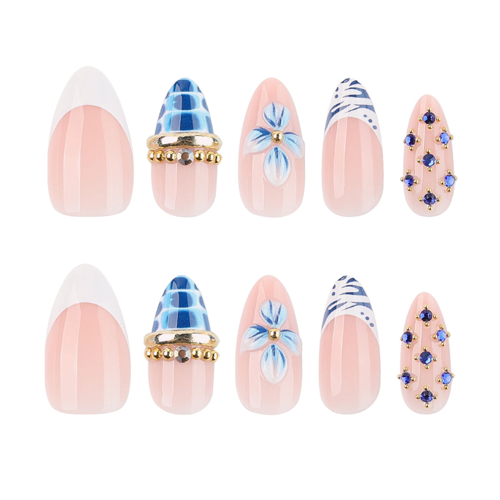 JP4471- Blue Bloom Rhinestone Almond Press on Nails