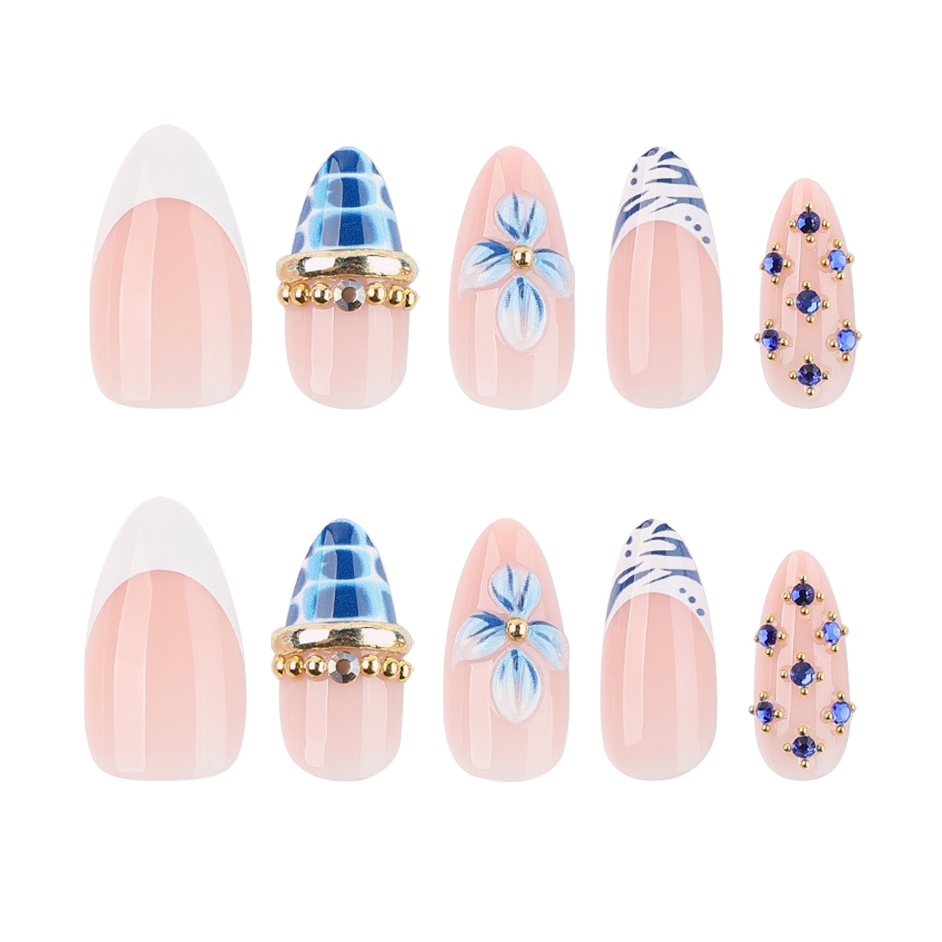 JP4471- Blue Bloom Rhinestone Almond Press on Nails