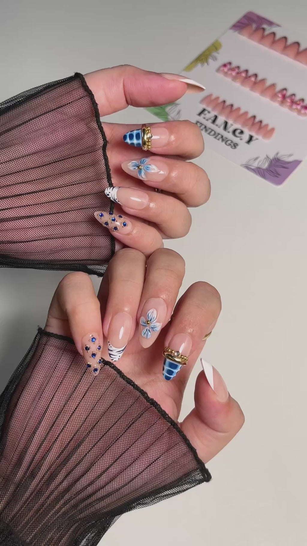 JP4471- Blue Bloom Rhinestone Almond Press on Nails
