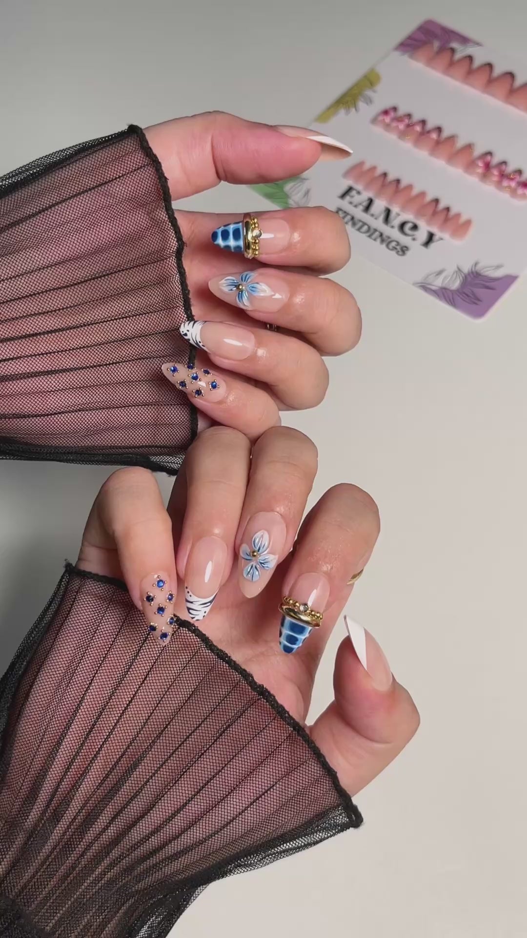 JP4471- Blue Bloom Rhinestone Almond Press on Nails
